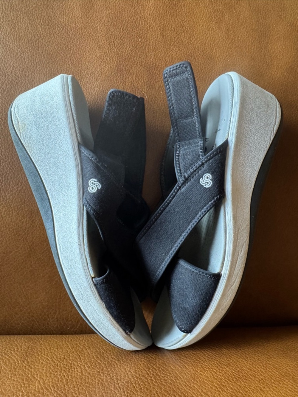 Clarks Black Cloud Stepper Slingback Platform Sandals with White Soles